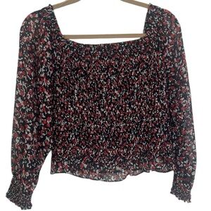 Bar III Floral Smocked Off The Shoulder Black Red Cropped Ruffle Top Romantic LG